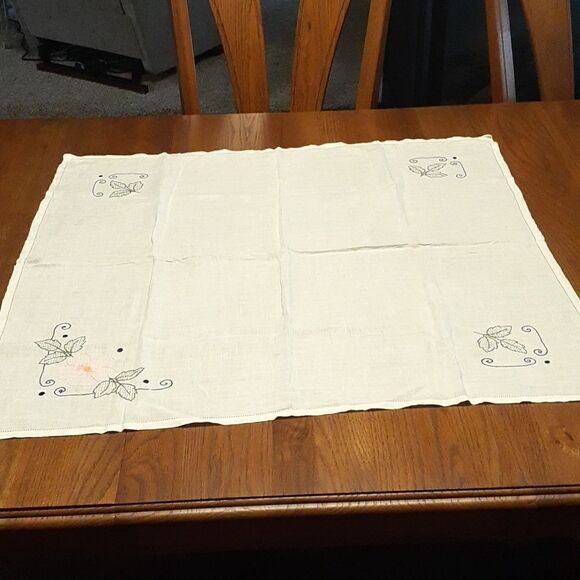 This beautiful linen 31" sq. table cloth is Unfinished embroidered project. - Picture 1 of 10